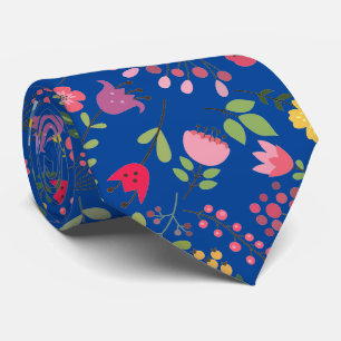 Spring Wildflowers Floral Design on Blue Tie