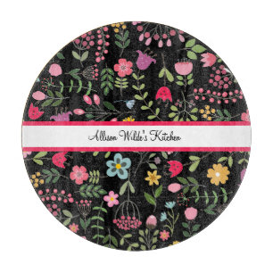 Spring Wildflowers Florals on Black Personalized Cutting Board