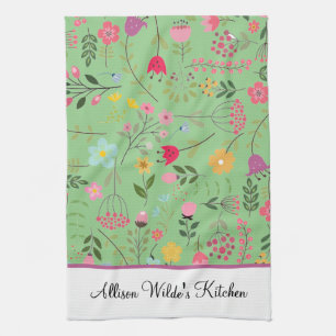 Spring Wildflowers Florals on Sage Personalized Kitchen Towel