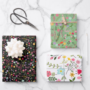 Spring Wildflowers on Black, White, Garden Green Wrapping Paper Sheet