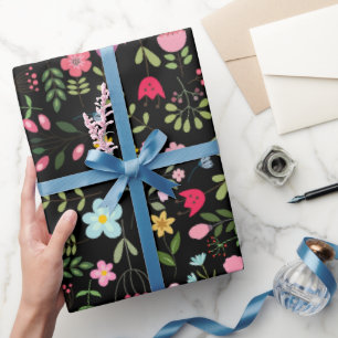 Spring Wildflowers on Black Wrapping Paper