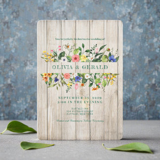 Spring Wildflowers on Wood Wedding Invitation 