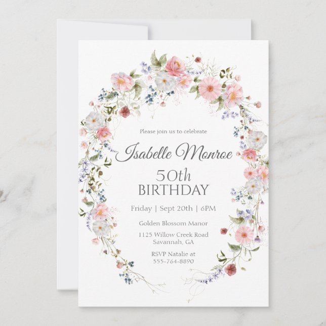 Spring Wildflowers Purple Pink 50th Birthday  Invitation (Front)