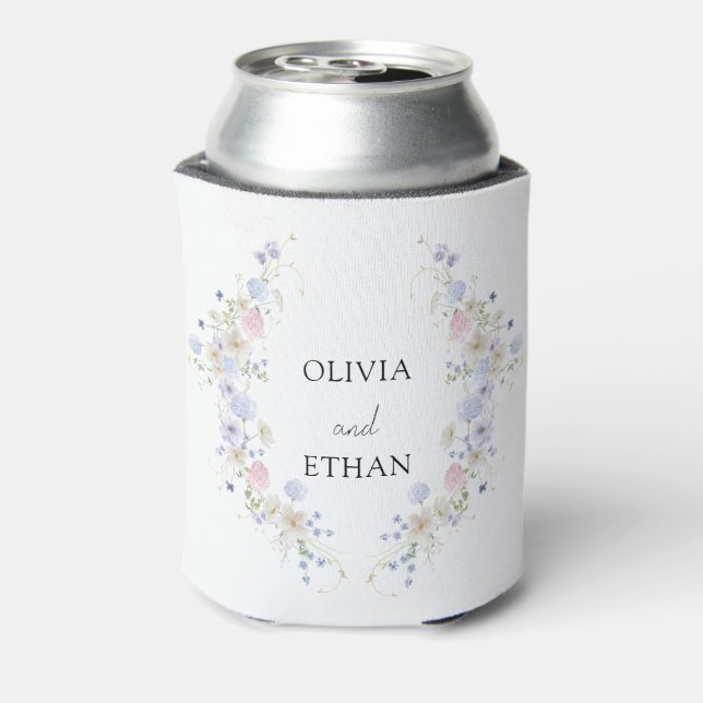 Spring Wildflowers Purple Pink Wedding Can Cooler (Can Back)