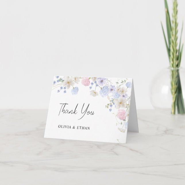 Spring Wildflowers Purple Pink Wedding Thank You Card (Front)