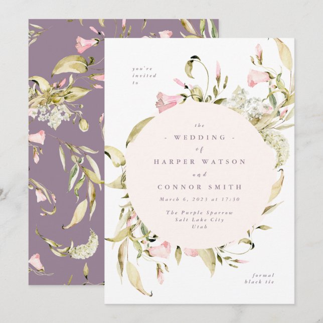 Spring Wildflowers Watercolor Round Frame Wedding Invitation (Front/Back)