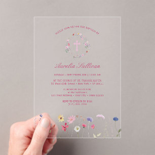 Spring Wildflowers Wreath Baptism Acrylic Invitations