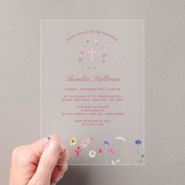 Spring Wildflowers Wreath Baptism Acrylic Invitations (Insitu (Handheld))