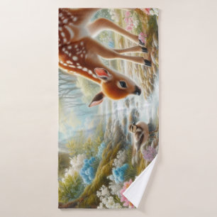 Spring woods with duck and fawn/deer  bath towel