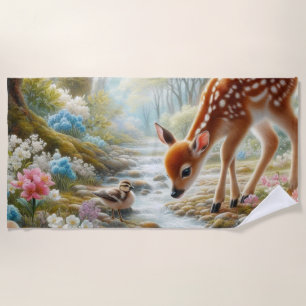 Spring woods with duck and fawn/deer beach towel