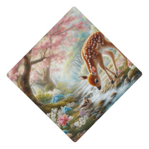 Spring woods with duck and fawn/deer  graduation cap topper