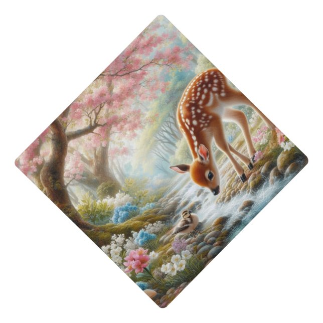 Spring woods with duck and fawn/deer  graduation cap topper (Front)