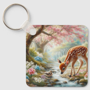Spring woods with duck and fawn/deer keychain