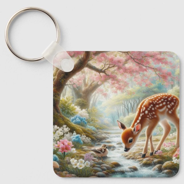 Spring woods with duck and fawn/deer  keychain (Front)