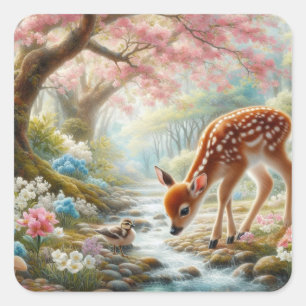 Spring woods with duck and fawn/deer square sticker