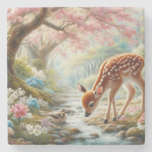 Spring woods with duck and fawn/deer stone coaster