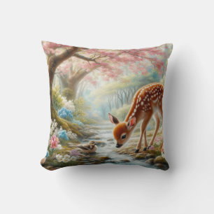 Spring woods with duck and fawn/deer throw pillow
