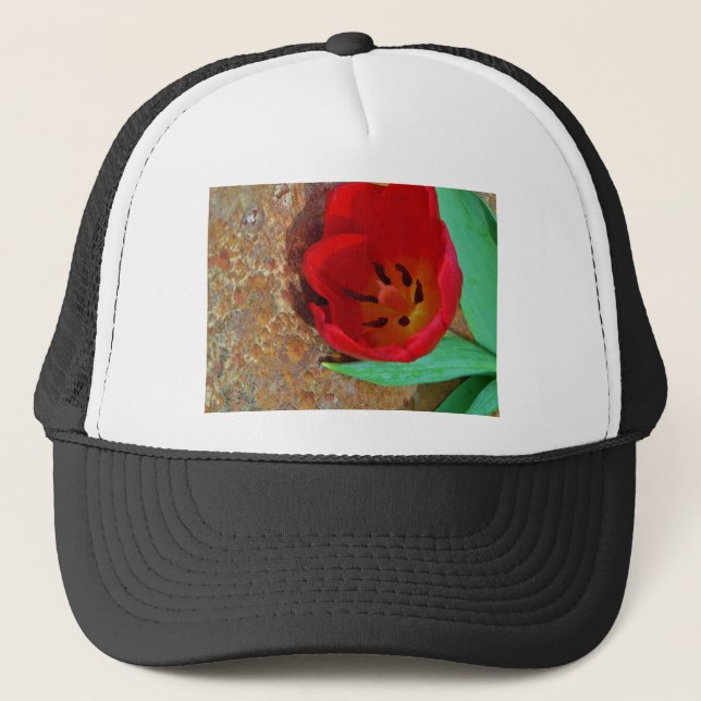 Spring yellow and Red Tulip Trucker Hat (Front)