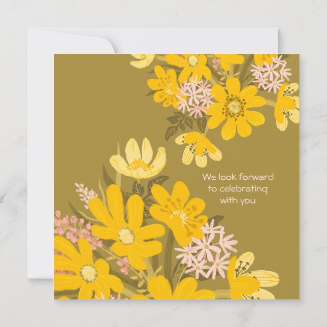 Spring yellow buttercup pink floral We’re Engaged Invitation (Back)