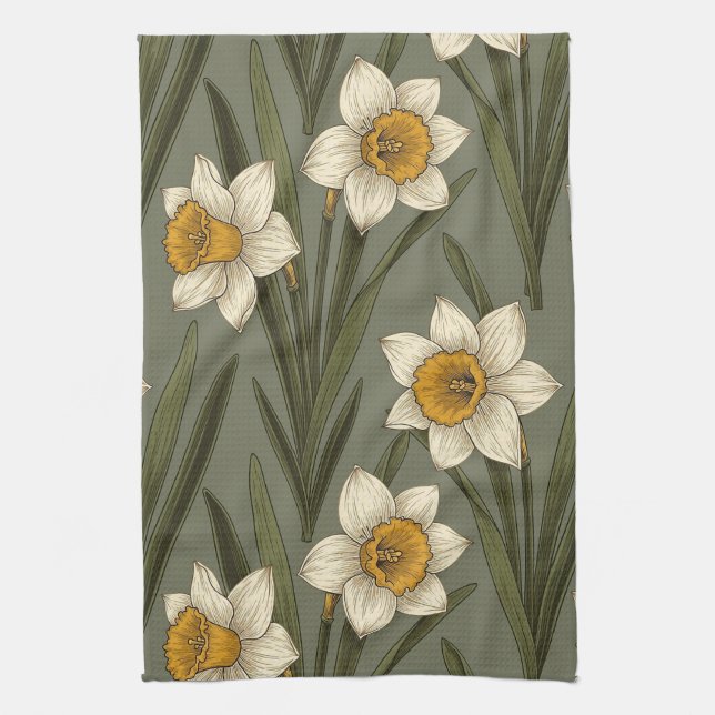 Spring Yellow Daffodil Floral Botanical Pattern Kitchen Towel (Vertical)