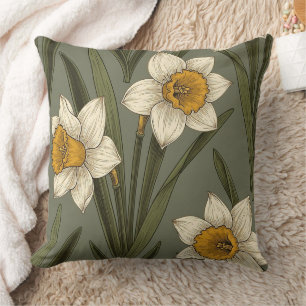 Spring Yellow Daffodil Floral Botanical Pattern Throw Pillow