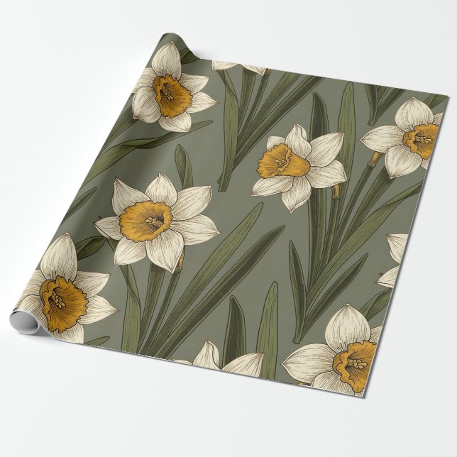 Spring Yellow Daffodil Floral Botanical Pattern Wrapping Paper (Unrolled)