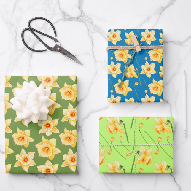 Spring Yellow Daffodil Floral Green Blue Wrapping Paper Sheet (Front)