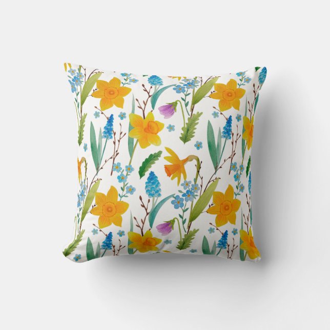 Spring Yellow Daffodil flower blue Decorative Throw Pillow (Front)