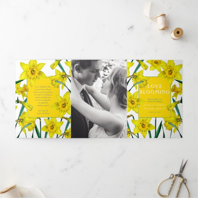 Spring yellow daffodils white green wedding  Tri-Fold programme (Outside)