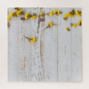 Spring yellow flowers, white plank decor. jigsaw puzzle