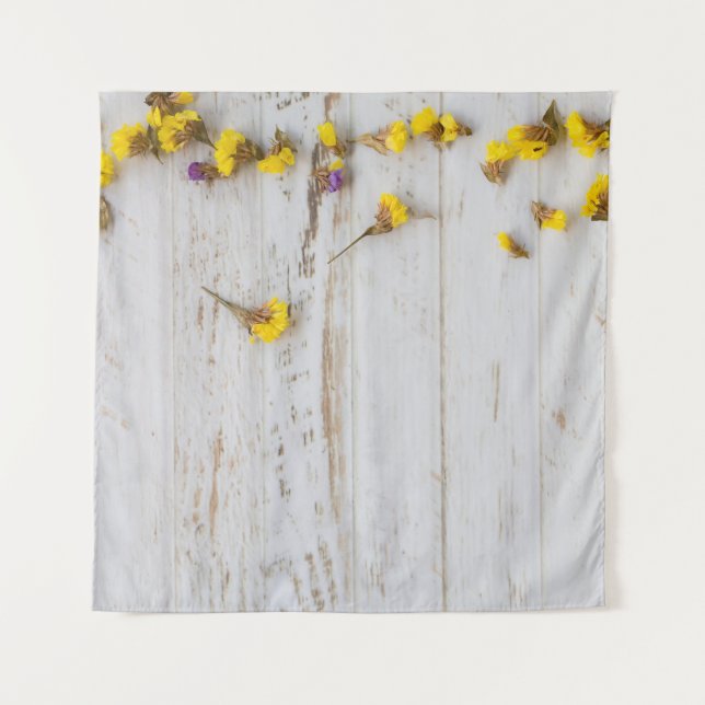 Spring yellow flowers, white plank decor. tapestry (Front)