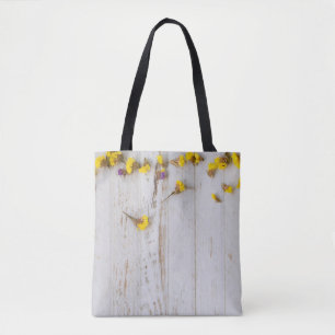 Spring yellow flowers, white plank decor. tote bag