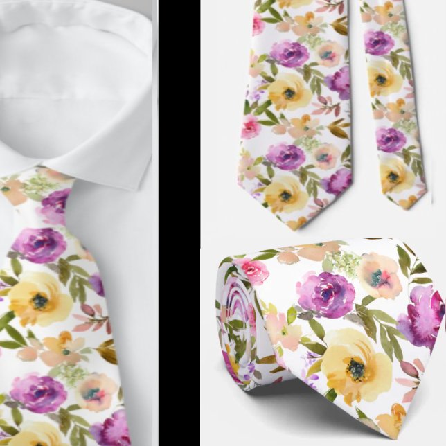 Spring Yellow Pink Purple Floral Watercolor  Tie (Creator Uploaded)