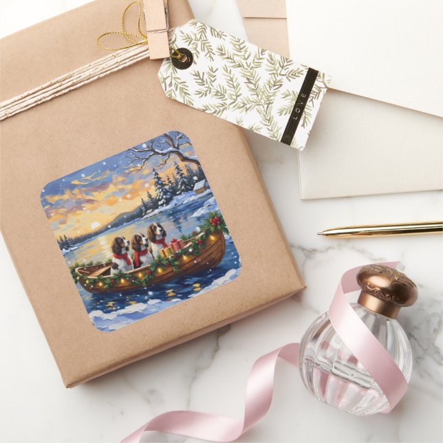 Springer Spaniel Christmas Boat Holiday Square Sticker (Gifting)