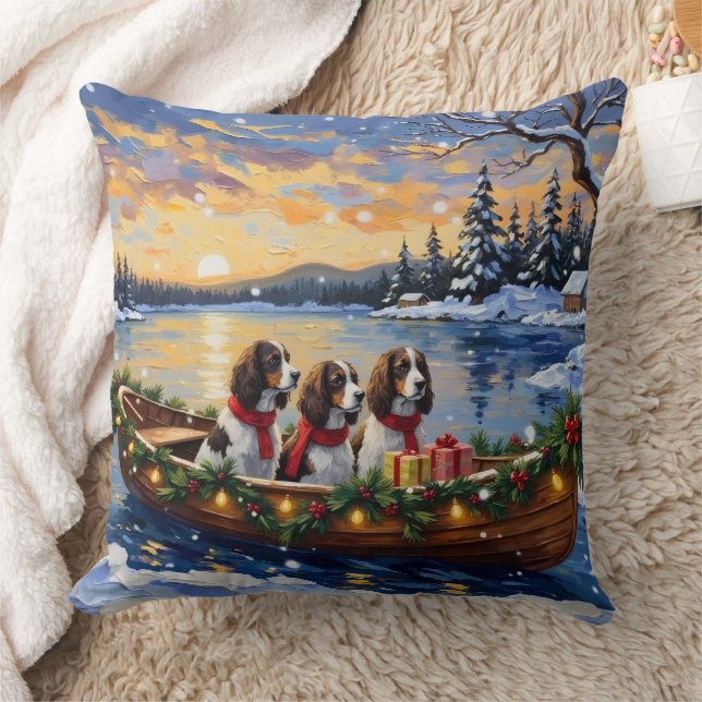 Springer Spaniel Christmas Boat Holiday Throw Pillow (Blanket)