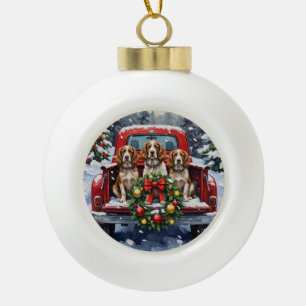 Springer Spaniel Christmas Red Truck Holiday Ceramic Ball Christmas Ornament