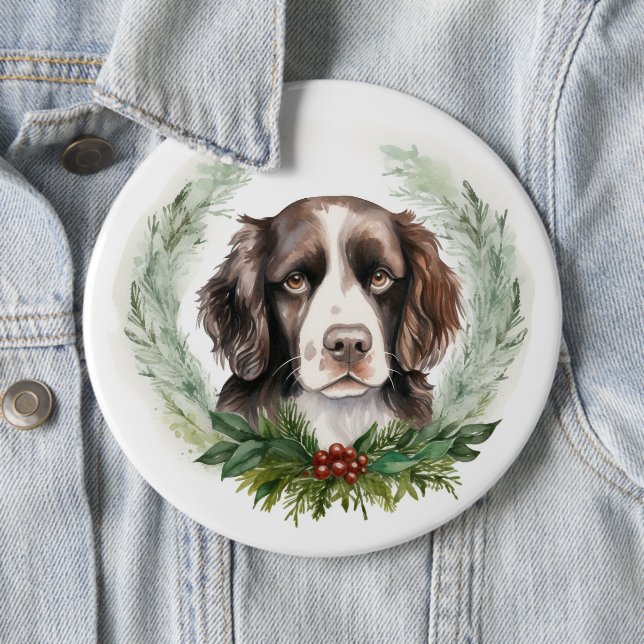 Springer spaniel Christmas Wreath Festive Pup 6 Inch Round Button (In Situ)