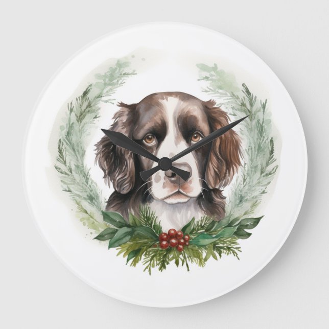Springer spaniel Christmas Wreath Festive Pup Large Clock (Front)