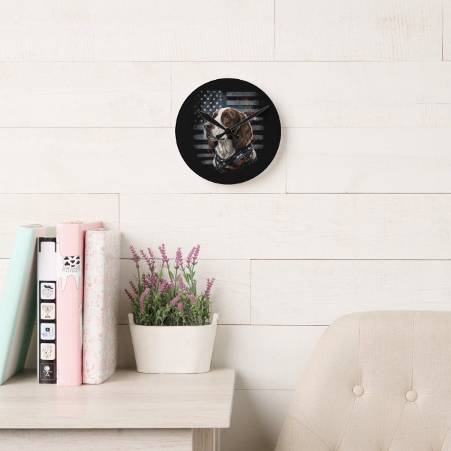 Springer Spaniel Dog American Flag Round Clock (Reading Room)