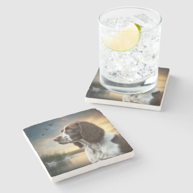 Springer Spaniel Dog By a Duck Pond Stone Coaster (Side)
