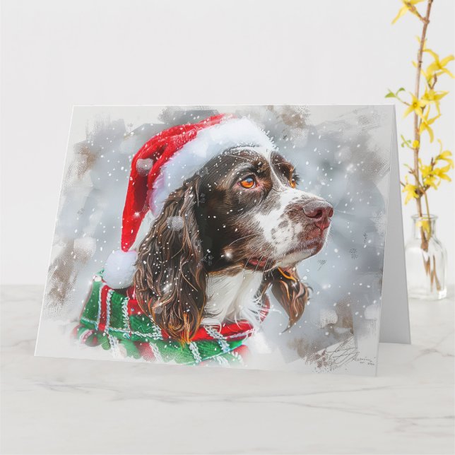 Springer Spaniel Dog Christmas Festive Card (Yellow Flower)
