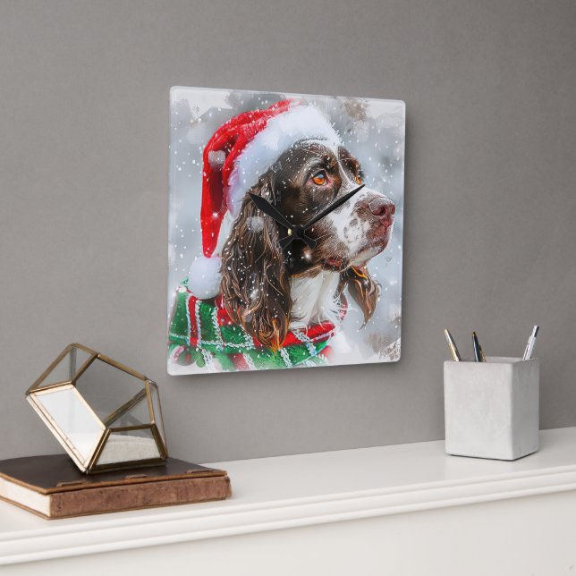 Springer Spaniel Dog Christmas Festive Square Wall Clock (Office)