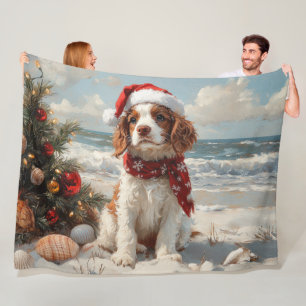 Springer Spaniel Dog Christmas Vintage Beach Fleece Blanket