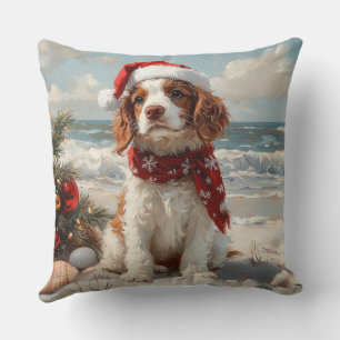 Springer Spaniel Dog Christmas Vintage Beach Throw Pillow