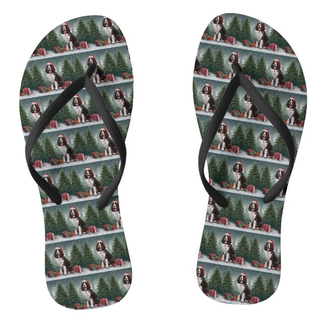 Springer Spaniel Dog in Snow Christmas Flip Flops (Footbed)