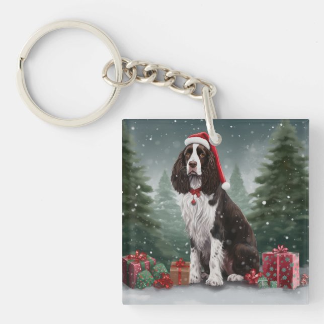Springer Spaniel Dog in Snow Christmas Keychain (Front)