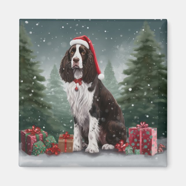 Springer Spaniel Dog in Snow Christmas Magnet (Front)