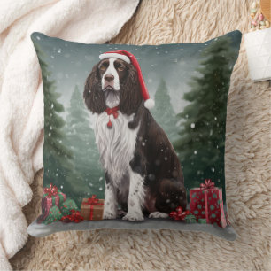 Springer Spaniel Dog in Snow Christmas Throw Pillow