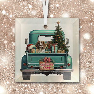 Springer Spaniel Dog Retro Truck Christmas Glass Ornament