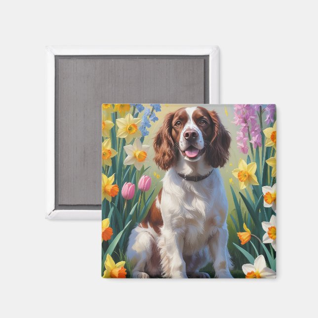 Springer Spaniel Dog Spring Flowers Painting  Magnet (Front/Back)